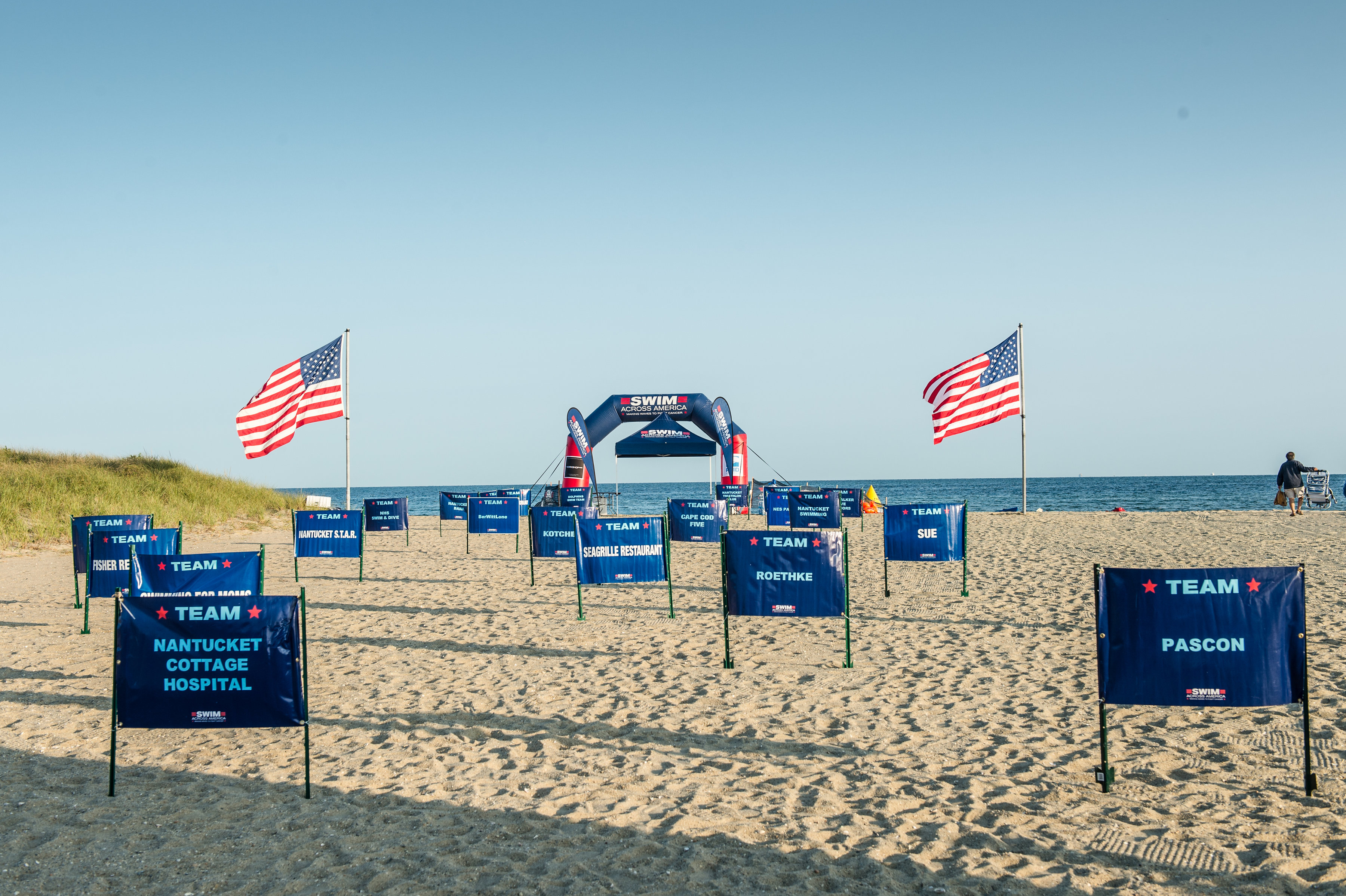 beach with swim across america team signs